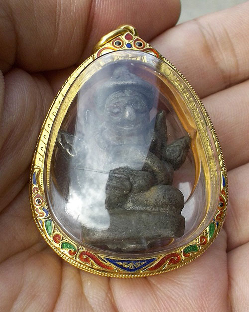 พระอุปคุต ปางล้วงบาตร เนื้อสัมฤทธิ์เงิน ศิลปะเขมร เลี่ยมทอง