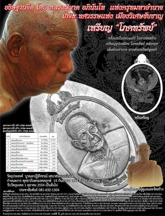 เหรียญโภคทรัพย์รุ่นแรก หลวงปู่ผาด เนื้อทองทิพย์หน้ากากนวะพรายเงิน หลังครุฑ หมายเลข 124 กล่องเดิม
