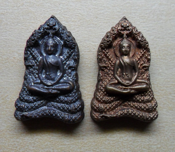 เหรียญนาคปรก หลังพระสยามเทวาธิราช 2 เหรียญ เนื้อนวโลหะและทองแดง หลวงปู่กาหลง เขี้ยวแก้ว วัดเขาแหลม