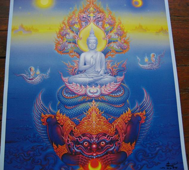 ภาพพระพุทธเจ้าประทับบนพระราหู -พญานาค7เศียร ขนาดใหญ่ 19"x27"ของ อาจารย์เฉลิมชัย 