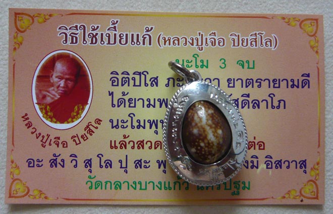 หลวงปูู่่เจือ วัดกลางบางแก้ว เบี้ยแก้ หุ้มเงินชุบทองคำขาว.. มีรอยจาร... สวยๆ