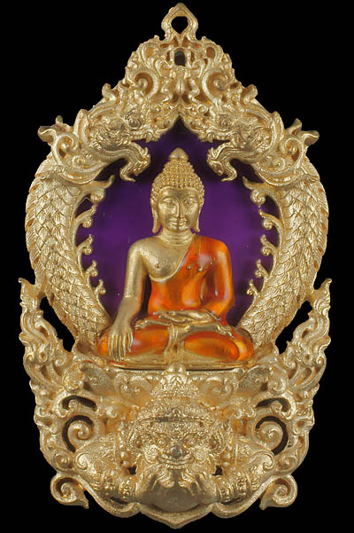 พระพุทธสิหิงค์ เหรียญเสมาฉลุ ยกองค์ รุ่น สิหิงค์๕๕ บรอนซ์แก่ทองลงยา สีม่วง หมายเลข ๓๘๙