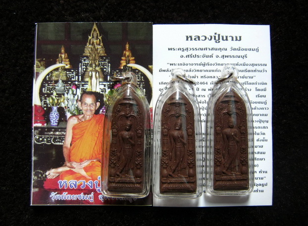 พระผงปางลีลา (เนื้อผงชานหมาก) หลวงปู่นาม วัดน้อยชมภู่เลี่ยมกรอบพร้อมบูชา จุดชุด 3องค์