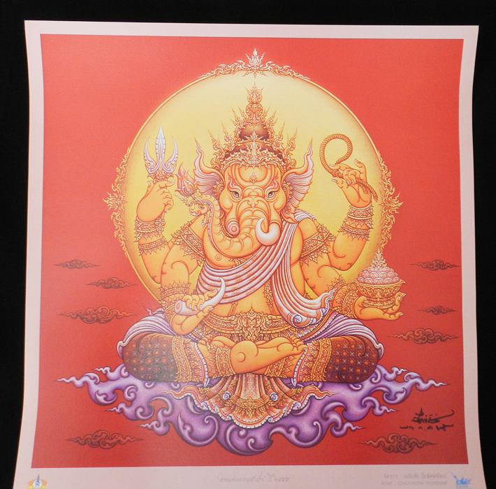 ภาพพระพิฆเนศ เทพเจ้าแห่งความสำเร็จ พื้นสีแดง ขนาด 19X19.5 นิ้ว พร้อมลายเซ็นต์อาจารย์เฉลิมชัย