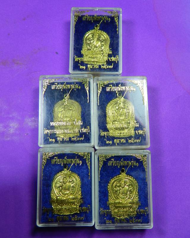 เหรียญนั่งพาน ยันต์กระบองไขว้ หลวงปู่เริ่ม ปรโม วัดจุกกะเฌอ เนื้อฝาบาตร 5 องค์