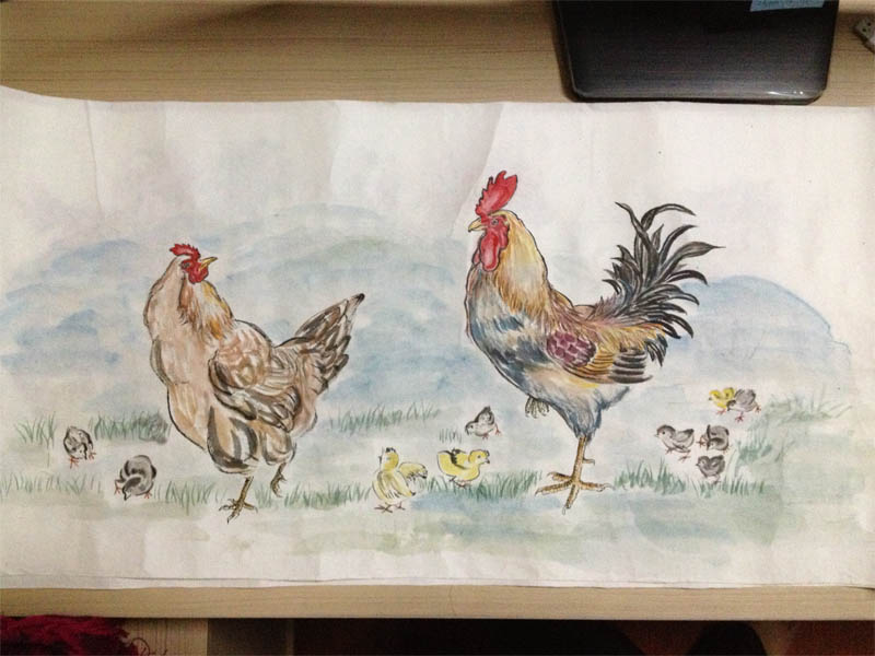 แดงเคาะเดียว: ภาพวาดไก่ สีน้ำ พู่กันจีน บนกระดาษจีนขนาด 14x28 นิ้ว (ไม่ใช่ภาพพิมพ์)