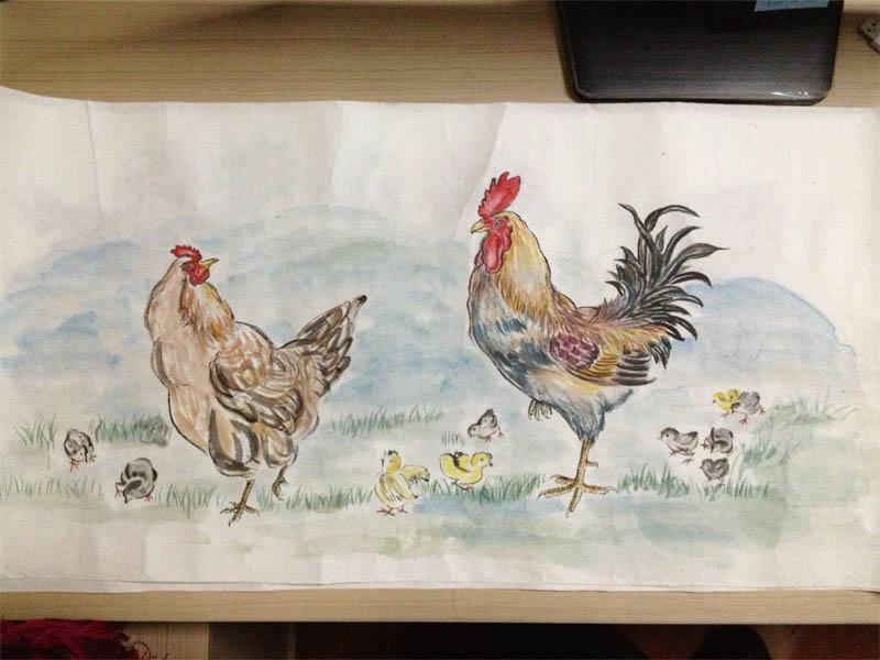 แดงเคาะเดียว: ภาพวาดไก่ สีน้ำ พู่กันจีน บนกระดาษจีนขนาด 14x28 นิ้ว (ไม่ใช่ภาพพิมพ์)