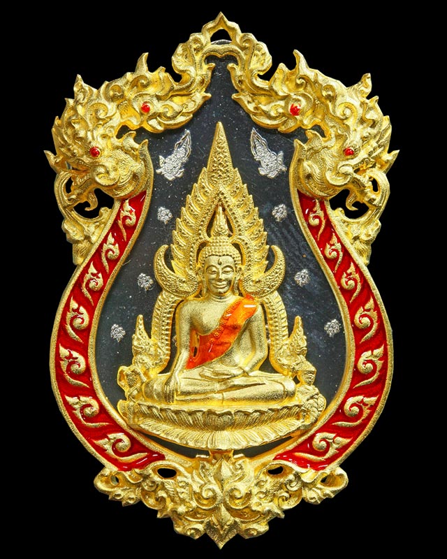 เหรียญหล่อฉลุ พระพุทธชินราช รุ่น จอมราชันย์ เนื้อทองระฆังชุบทองลงยาราชาวดี สีแดง