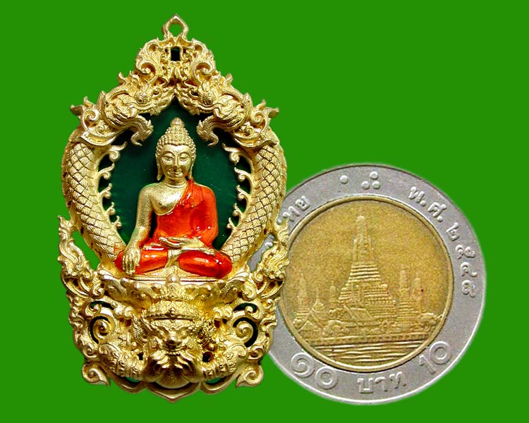 เหรียญเสมาฉลุยกองค์พระพุทธสิหิงค์ 55 เนื้อทองระฆังลงยา สีเขียว .....เคาะแรก