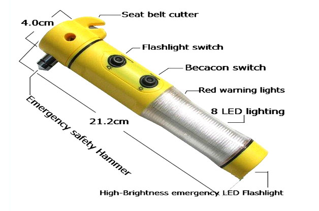 ชุดไฟเอนกประสงค์ติดรถยนต์เป็นไฟฉาย ไฟฉุกเฉิน ที่ตัดเข็มขัดนิรภัยใช้ทุบกระจก