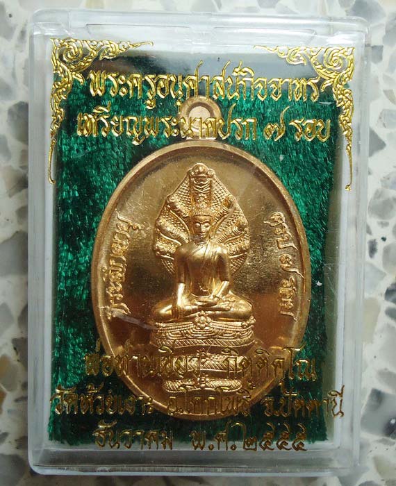 เหรียญพระนาคปรก 7 รอบ พ่อท่านเขียว วัดห้วยเงาะ เนื้อสัตตะโลหะ กล่องเดิม 