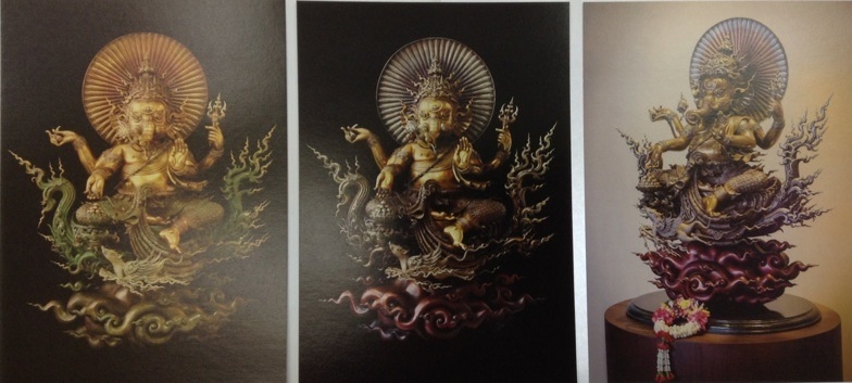 ภาพพิมพ์พระพิฆเนศ ผลงานประติมากรรม 3แบบ ของอาจารย์เฉลิมชัย หลังปฏิทิน ขนาด 17.5 X 12.5 ซม.