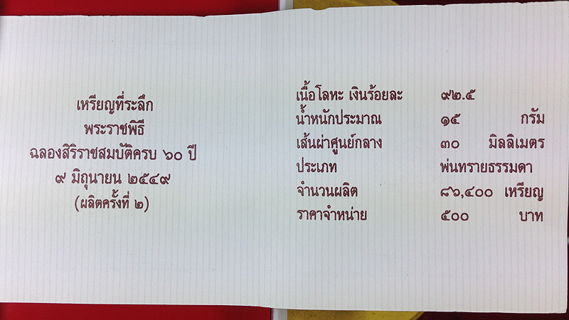 เหรียญฉลองสิริราชสมบัติ ครบ 60 ปี เนื้อเงิน ซองเดิม (พลาสติดขาดตรงกลาง) ปี 2549