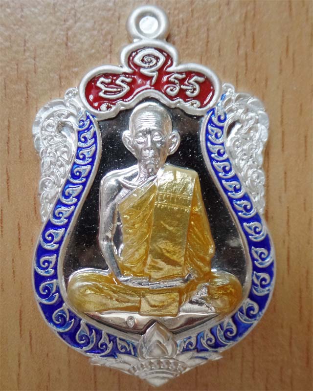 หลวงพ่อรวยเหรียญเสมารวยมหาเศรษฐี เนื้อเงินหน้ากากเงินขอบเงินลงยา 3สี วัดตะโก อยุธยา