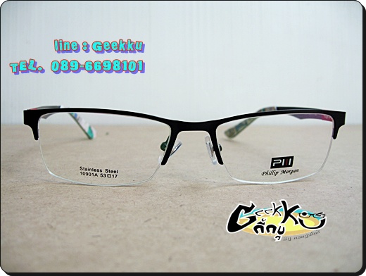 กรอบแว่นตา Phillip Morgan (P-3) ทรงครึ่งกรอบสีดำ กรอบทำจาก Stainless Steel 