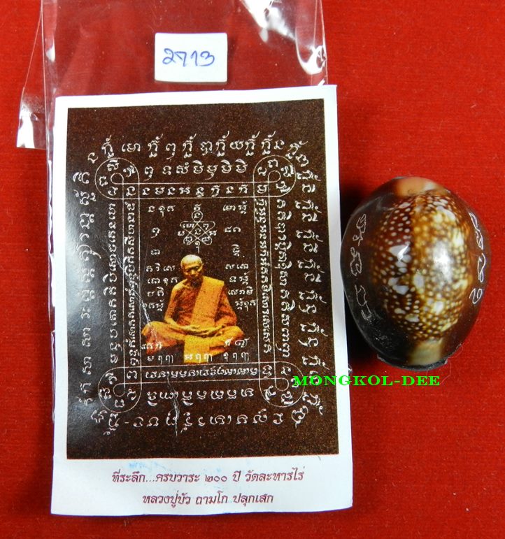 เบี้ยแก้ อุดผงพรายกุมารคลุกรักชันโรง ปลุกเสกโดย หลวงปู่บัว ถามโก เลข 2713 พร้อมกระดาษยันต์ ปี54
