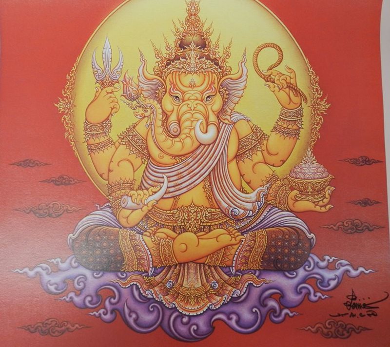 ภาพพระพิฆเนศ เทพเจ้าแห่งความสำเร็จ พื้นสีแดง ขนาด 48X49 cm ผลงานอาจารย์เฉลิมชัย โฆษิตพิพัฒน์