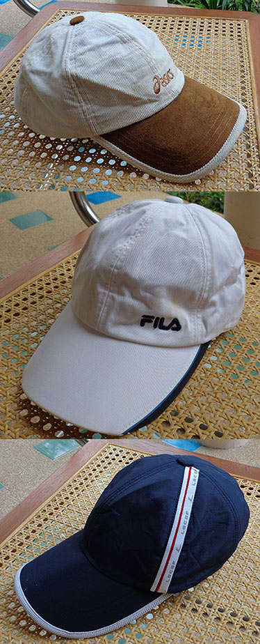 หมวก asics น้ำตาล + หมวก FILA สีขาว + หมวก LECAF น้ำเงินคาดขาว ของแท้ครับ จัดไปทีเดียว3ใบ