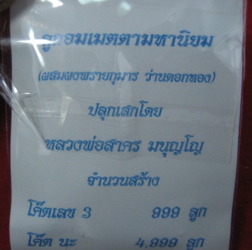 ลูกอมผงพรายกุมาร หลวงพ่อสาคร วัดหนองกรับ พร้อมกระดาษสารพัดกัน ปี พ.ศ. 2554 