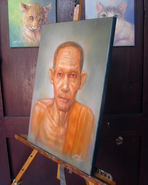 ภาพวาดสีน้ำมัน หลวงพ่อเกษม เขมโก งานเพ้นท์บนเฟรมผ้าใบ canvas ขนาด 30 x 40 cm.