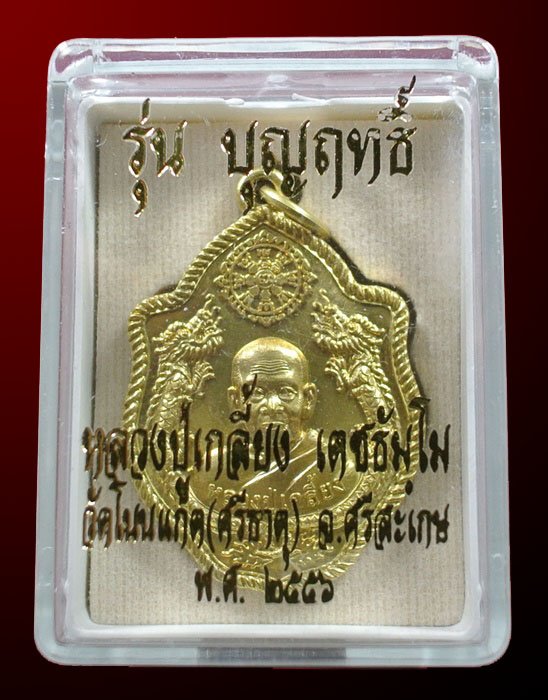 เหรียญปั้มมังกรคู่ หลวงปู่เกลี้ยง วัดโนนเเกด รุ่น บุญฤทธิ์ เนื้อทองฝาบาตร หมายเลข 5002 กล่องเดิม