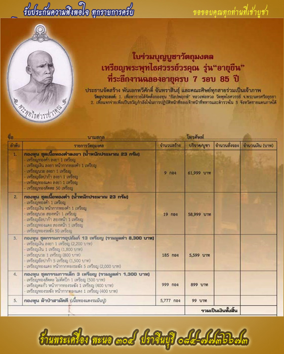 เหรียญอายุยืน 7 รอบ หลวงพ่อหวล วัดพุทไธศวรรย์ ปึ 2556 เหรียญตะกั่ว หน้ากากทองระฆัง หมายเลข 623