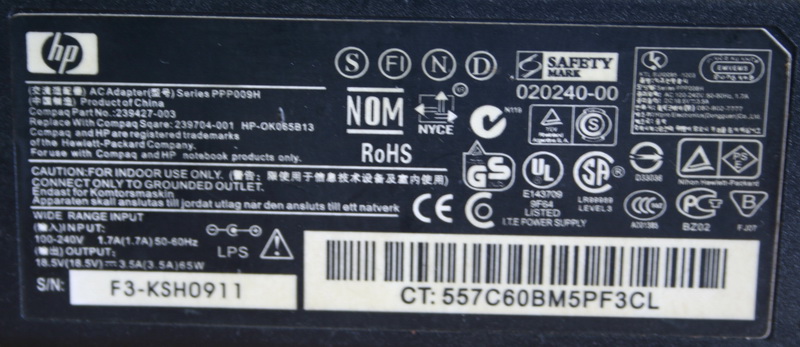 AC  Adapter HP/Compaq 18.5V / 3.5A (1.7)  ใช้กับ notebook 