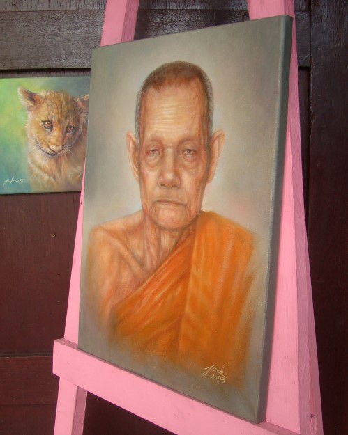 ภาพวาดสีน้ำมัน หลวงพ่อชาญ วัดบางบ่อ งานเพ้นท์บนเฟรมผ้าใบ canvas  ขนาด 30 x 40 cm.