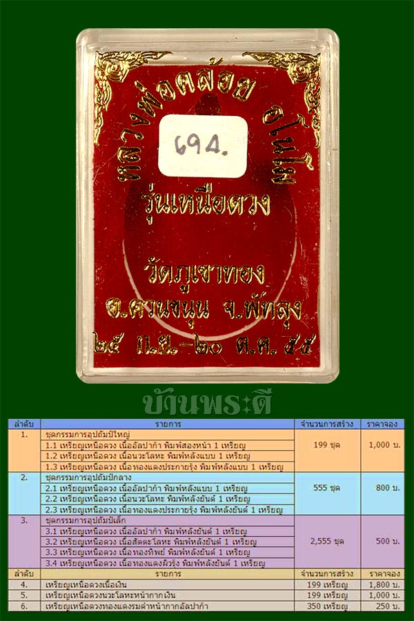 เหรียญพ่อท่านคล้อย รุ่นเหนือดวง เนื้อสัตตะโลหะ ตอกโค๊ตตอกเลข ๖๙๔ ปี 2555 วัดภูเขาทอง จ.พัทลุง