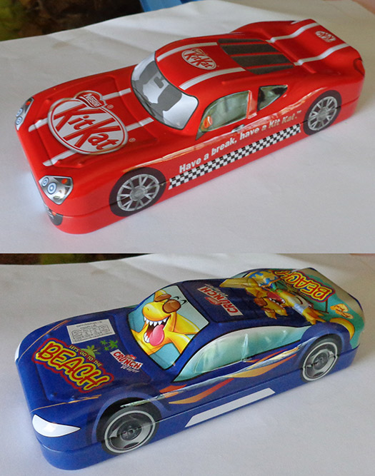 กล่องเหล็ก KIT KAT และ CRUNCH รูปรถแข่ง  เอาไปใส่ของได้เอนกประสงค์ ทั้งเครื่องเขียน,พระเครื่อง ฯลฯ