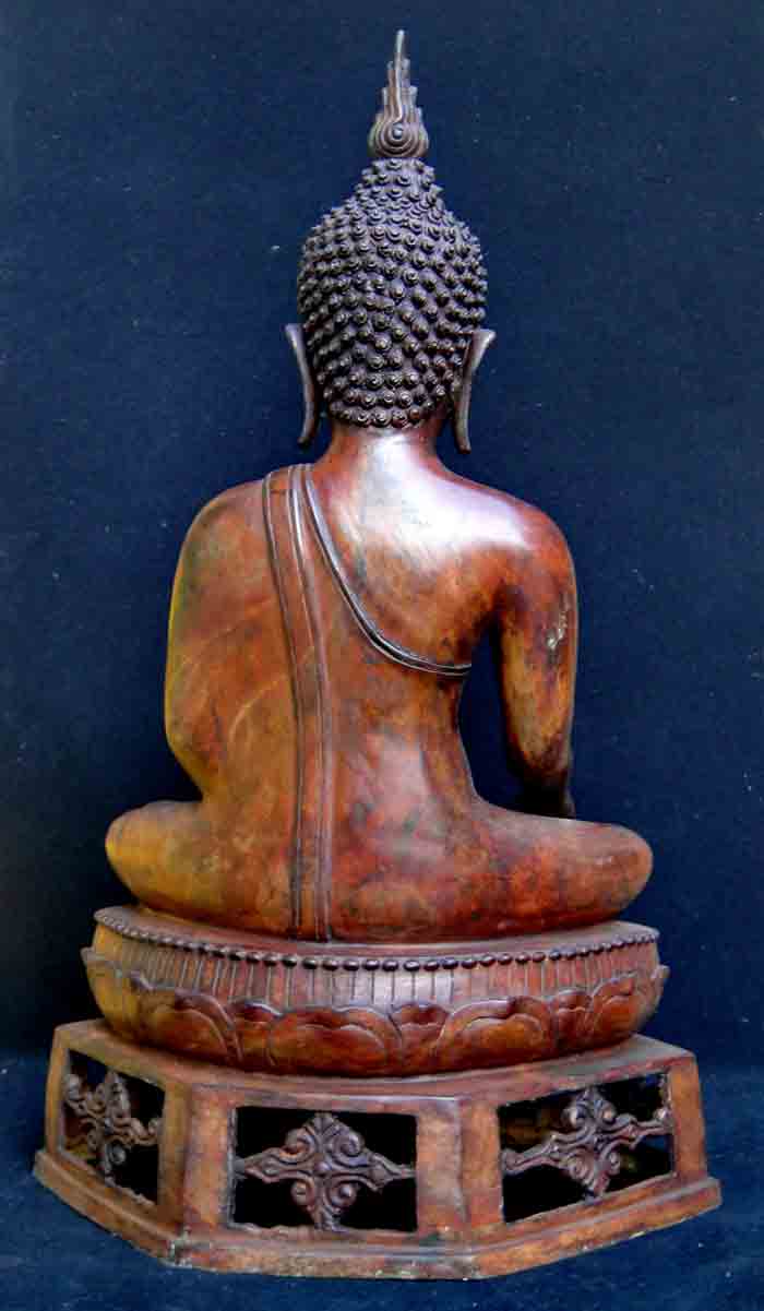 ***พระบูชา สุโขทัย 9 นิ้ว สูง 16 นิ้ว (งานศิลป์ย้อนยุค) ฐาน6เหลี่ยมฉลุลายไทย เนื้อทองเหลืองสนิมแดง ฐ