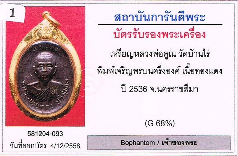 เหรียญเจริญพรบน หลังม.ขีด หลวงพ่อคูณ วัดบ้านไร่ จ.นครราชสีมา 2536 สภาพสวย+เลี่ยมทอง+บัตรรับรองครับ