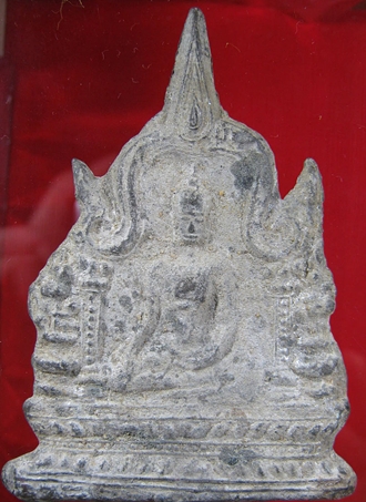 พระซุ้มเรือนแก้วปางมารวิชัย กรุราชบูรณะ อยุธยา เนื้อชินเงิน ( พร้อมกรอบ พระบูชา ไม้สักแท้ ปิดทอง )