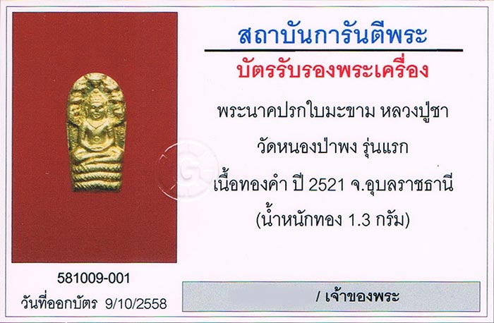 พระนาคปรกใบมะขามรุ่นแรก หลวงปู่ชา วัดหนองป่าพง จ.อุบลราชธานี หลังตอกโค้ด ช.+เลี่ยมทอง+บัตรรับรองครับ