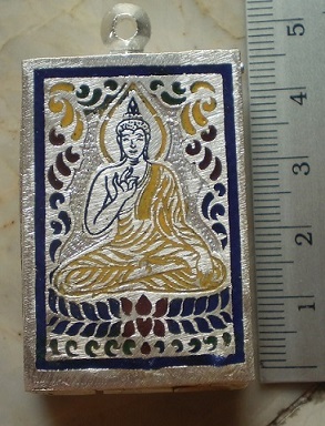 ตลับเงินลงยา ล้อมเพชร  ใส่พระสมเด็จ   เคาะเดียว 