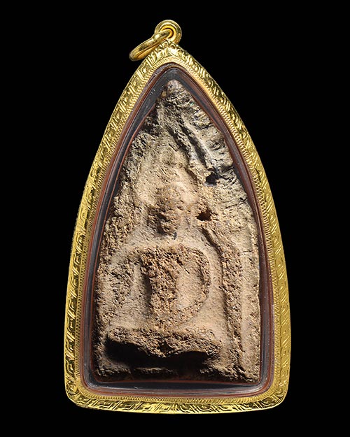 พระขุนแผนพลายคู่ตัดเดี่ยว กรุบ้านกร่าง จ.สุพรรณบุรี พิมพ์หน้าเทวดาซุ้มเส้นคู่ เนื้อดิน+เลี่ยมทอง