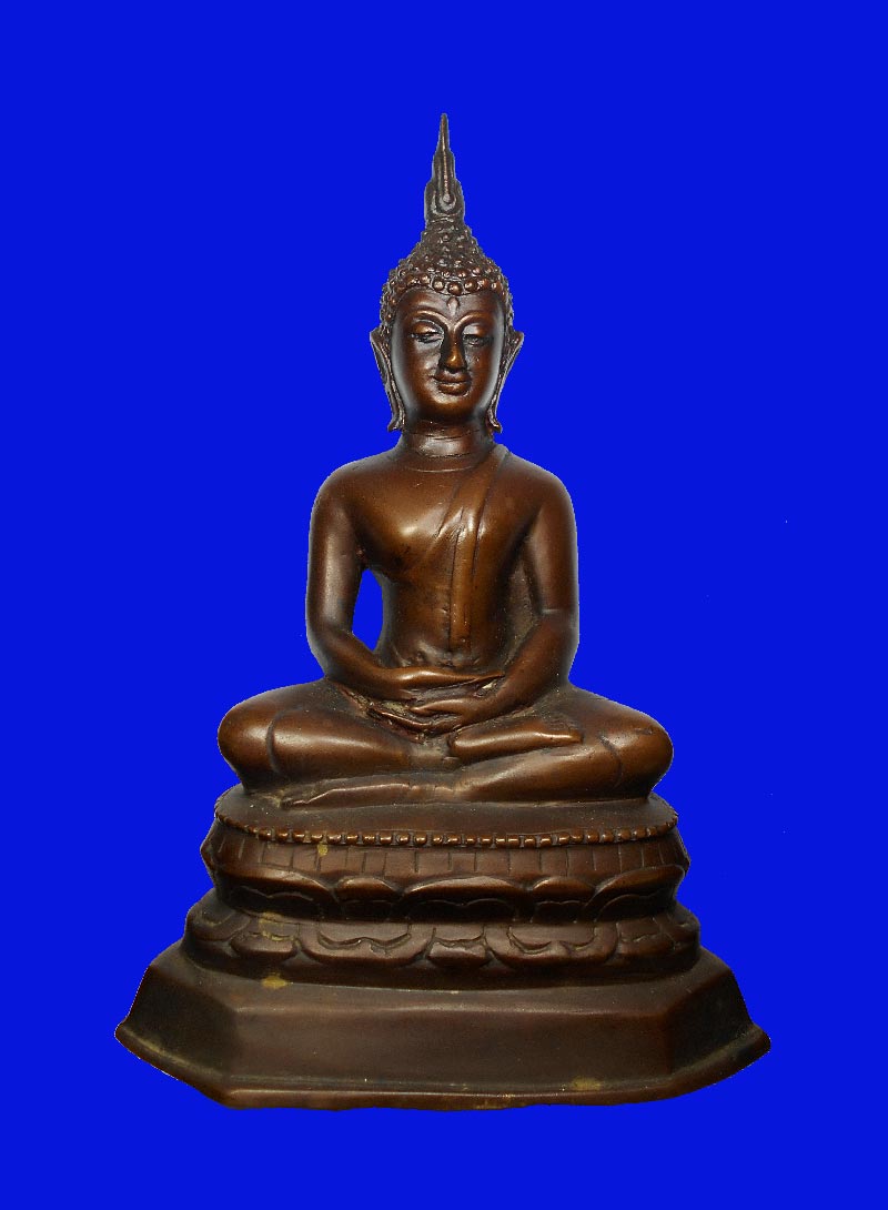 พระบูชารัชกาล (ปลาย) ปางสมาธิ บัวสองชั้น พระเกศเปลวเพลิง ก้นอุดดินไทย เนื้อทองเหลือง