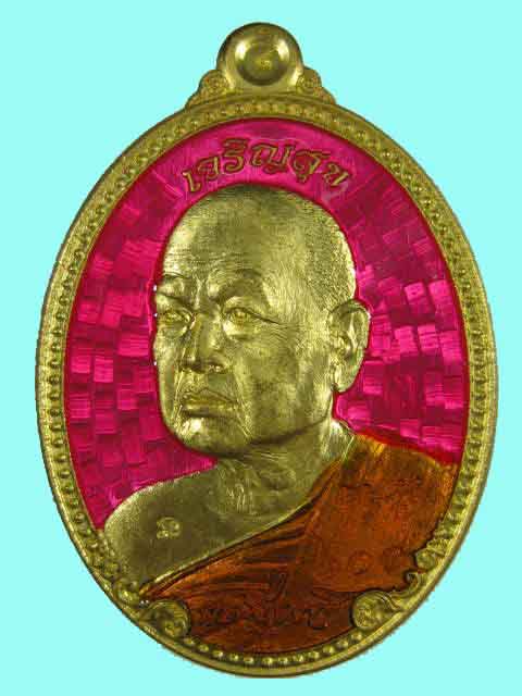 เหรียญเจริญสุข หลวงพ่อขันตี ญาณวโร วัดป่าม่วงไข่ ทองฝาบาตรหลังแบบ ลงยาชมพู #200