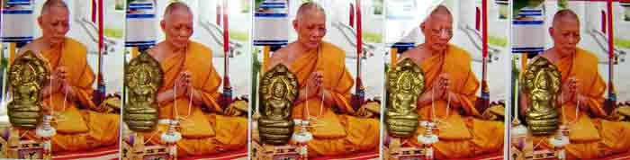 พระปรกใบมะขาม เนื้อทองเหลือง 5 องค์+รูปภาพหลังยันต์แดง 5 ภาพ หลวงพ่อสาคร วัดหนองกรับ ปลุกเสก ปี 2553