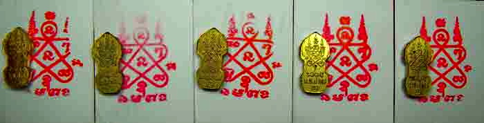 พระปรกใบมะขาม เนื้อทองเหลือง 5 องค์+รูปภาพหลังยันต์แดง 5 ภาพ หลวงพ่อสาคร วัดหนองกรับ ปลุกเสก ปี 2553