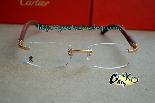 กรอบแว่นตา Cartier-03 ทรงเจาะกรอบสีทอง ขาสปริง ขาไม้
