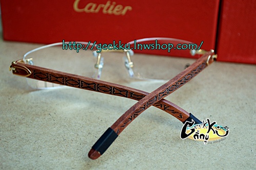 กรอบแว่นตา Cartier-03 ทรงเจาะกรอบสีทอง ขาสปริง ขาไม้