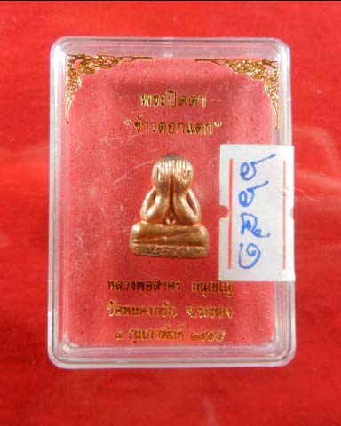 พระปิดตาพิมพ์ข้าวตอก หลวงพ่อสาคร มนุญโญ หลังยันต์ ปี ๒๕๕๕ เนื้อทองแดง หมายเลข ๖๖๕๑ พร้อมกล่อง 