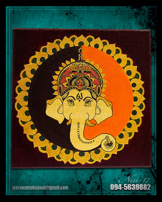 ภาพวาดพระพิฆเนศ สีอะคริลิค บนเฟรมผ้าใบ ขนาด 20 x 20 cm.