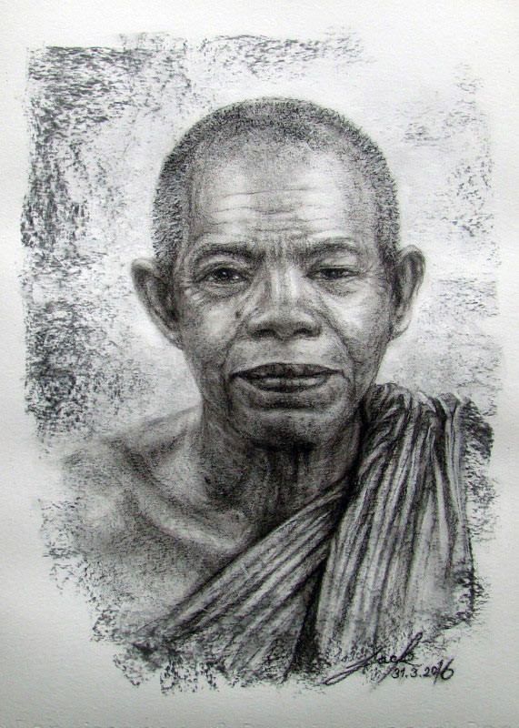 " หลวงพ่อคูณ วัดบ้านไร่ " ภาพวาดดินสอ,ชาโคล Portrait Drawing