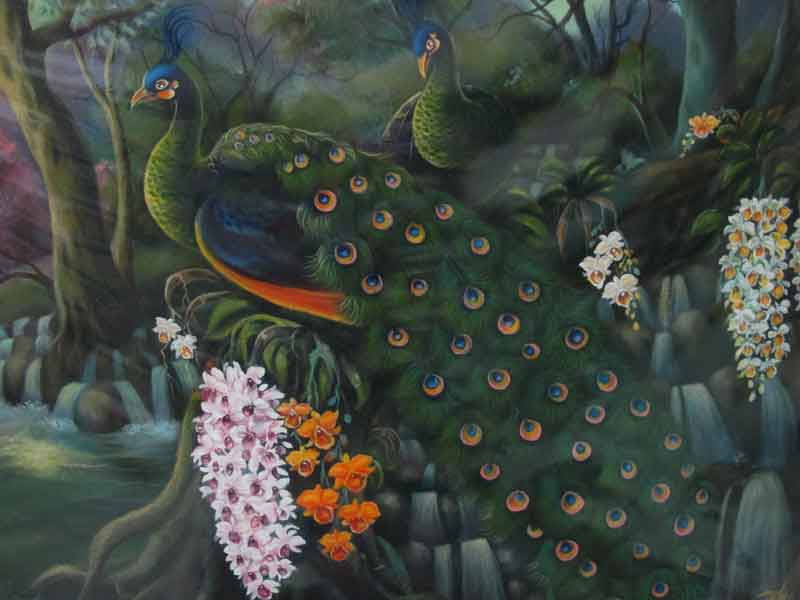 ภาพวาด นกยูงคู่  ขนาด สูง 24 นิ้ว  ยาว 30 นิ้ว