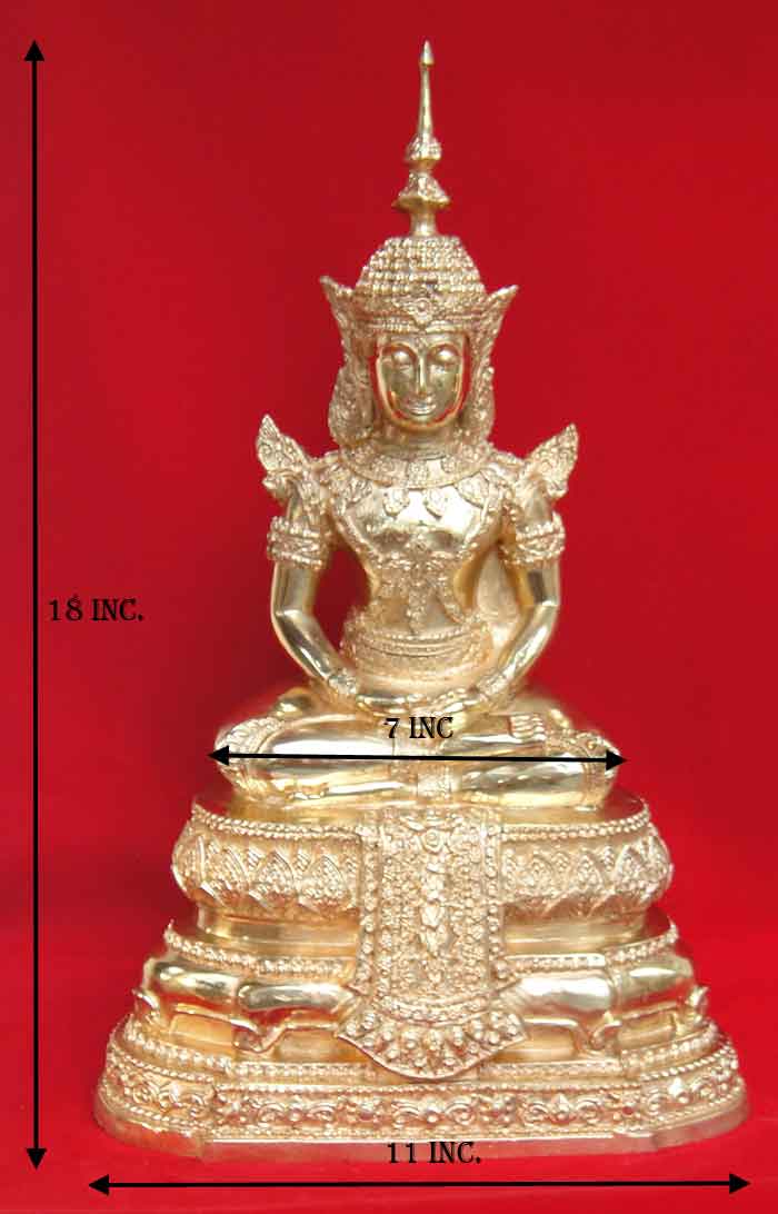 พระแก้วมรกต ทรงเครื่องฤดูร้อน เนื้อทองเหลืองขัดมัน ขนาดตั้งบูชาองค์ใหญ่ หน้าตัก 7 นิ้ว นิ้ว ฐานกว้าง