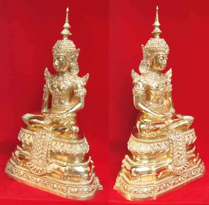 พระแก้วมรกต ทรงเครื่องฤดูร้อน เนื้อทองเหลืองขัดมัน ขนาดตั้งบูชาองค์ใหญ่ หน้าตัก 7 นิ้ว นิ้ว ฐานกว้าง