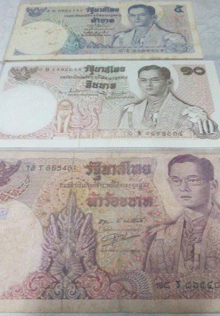 ธนบัตรราคา 500 บาท หลังวัด ปราสาทหินพิมายสภาพใช้และราคา5บาทไม่ใช้แต่เปื้อนเก่าเก็บและธนบัตร10บาทunc