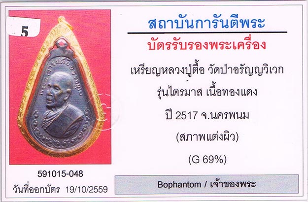 เหรียญมะละกอ หลวงปู่ตื้อ วัดป่าอรัญญวิเวก จ.นครพนม ตอกโค้ด+เลี่ยมทอง+บัตรรับรองครับ